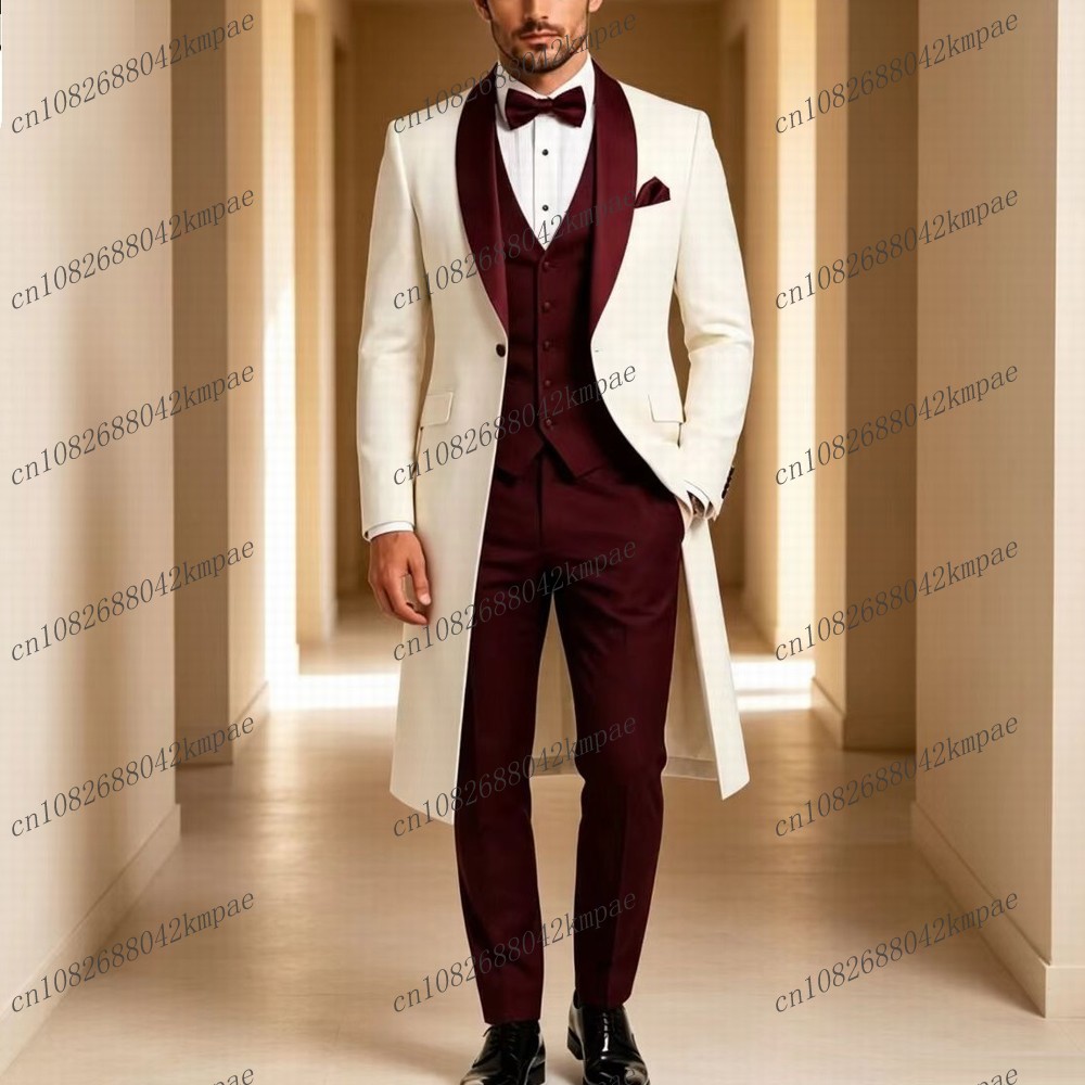 Men'S Grooming Jacket - Blazer long blanc et bordeaux, costume